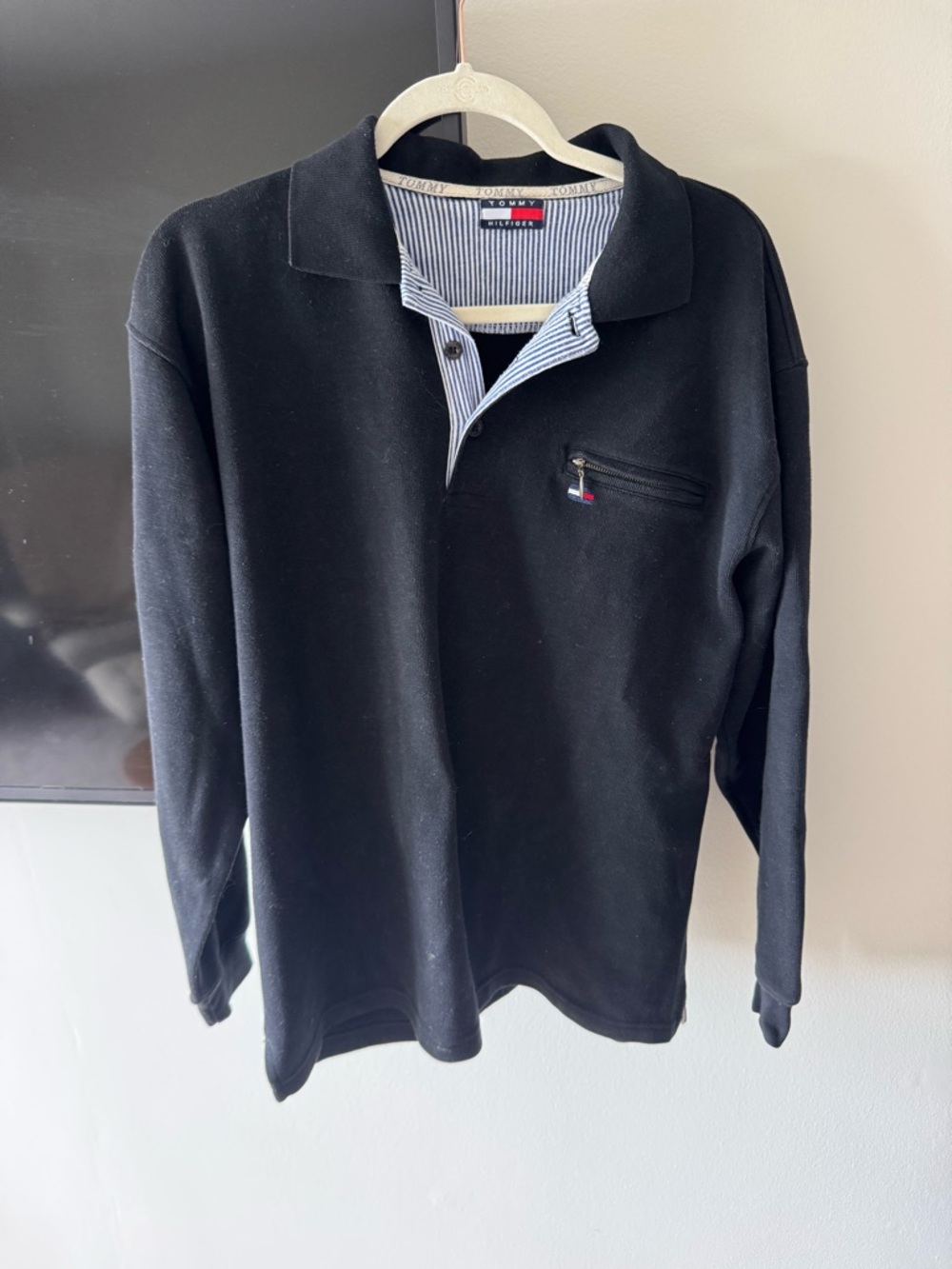 Tommy Hilfiger Black Long-Sleeve Polo with Zip Chest Pocket
